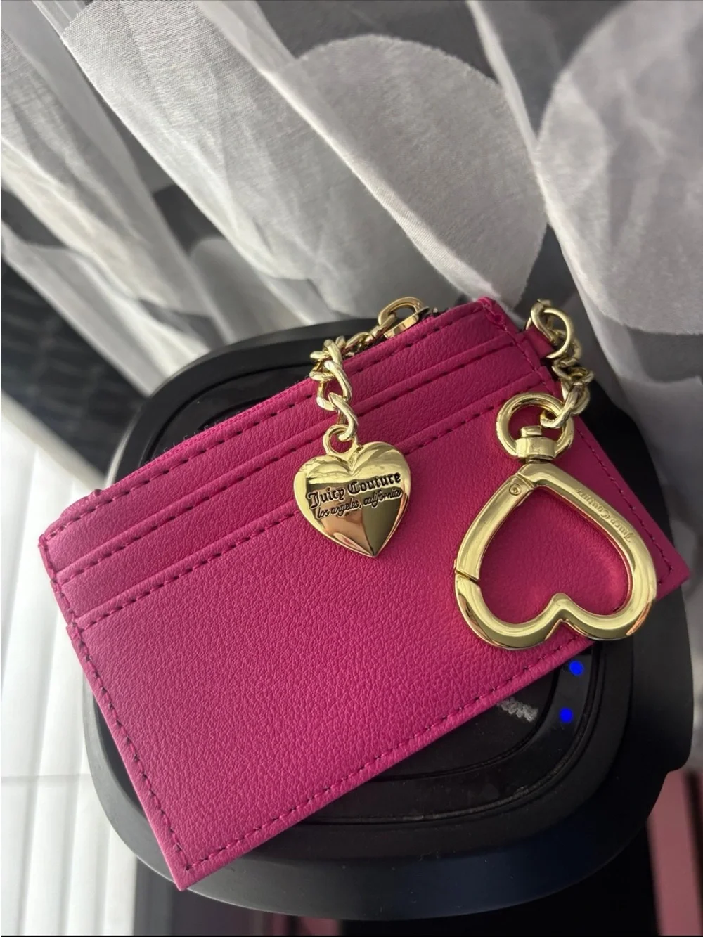 Juicy Couture Hot Pink Cardholder Keyring with Gold Heart Charm